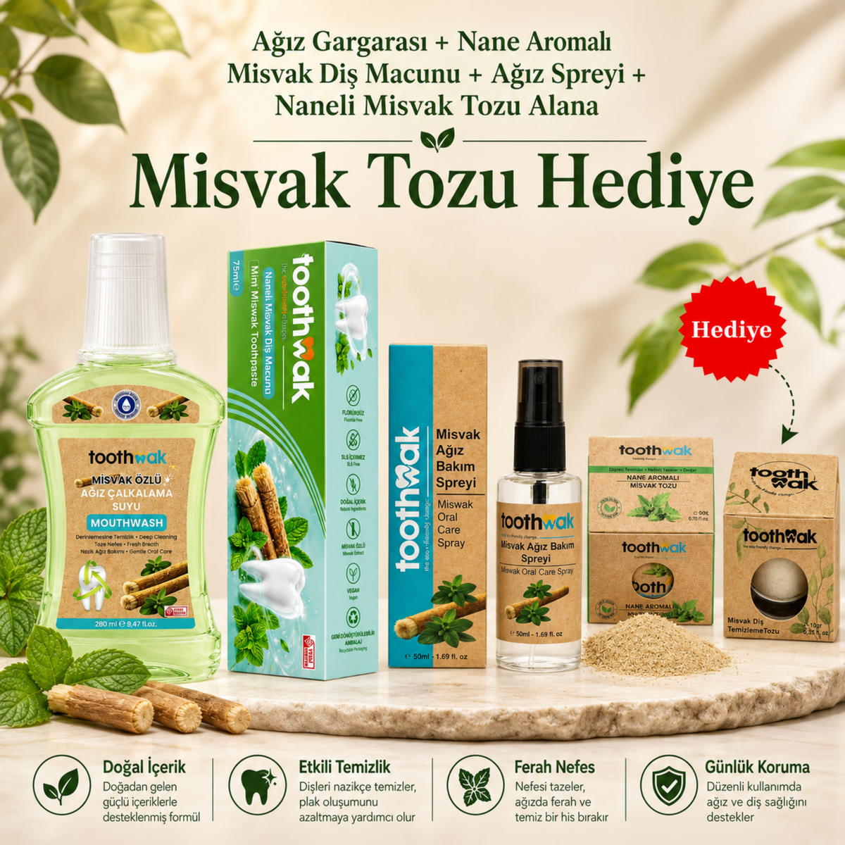 Misvak Ağız Gargarası +Naneli Misvak Diş Macunu +Ağız Spreyi +Naneli Misvak Tozu (Misvak Tozu Hediye)