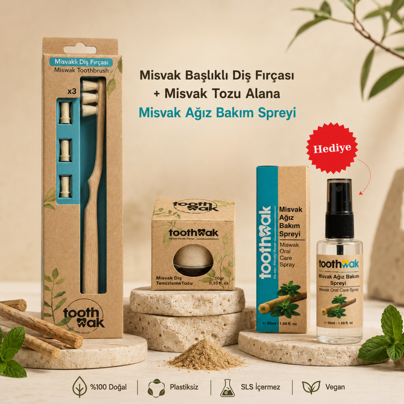 3 Başlıklı Diş fırçası +Misvak Tozu (Ağız Spreyi Hediye)