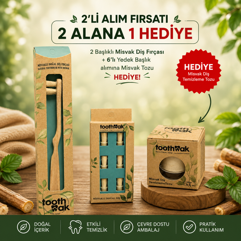 2 Başlıklı Diş Fırçası +6'lı Yedek Başlık (Misvak Tozu Hediye)