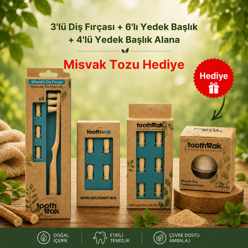 3 Başlıklı Diş Fırçası +6'lı Yedek Başlık +4'lü Yedek Başlık (Misvak Tozu Hediye)