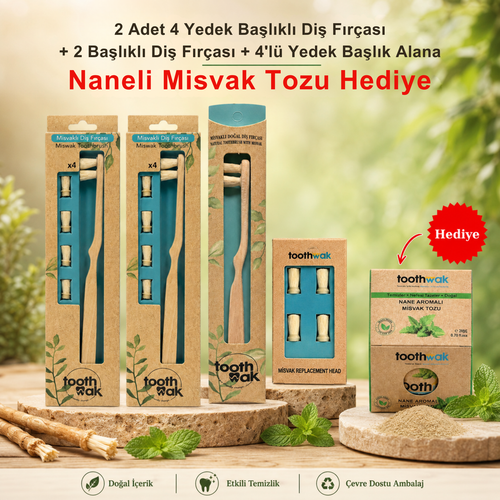2x 4 Yedek Başlıklı Diş Fırçası +2 Başlıklı Diş Fırçası (Naneli Misvak Tozu Hediye)