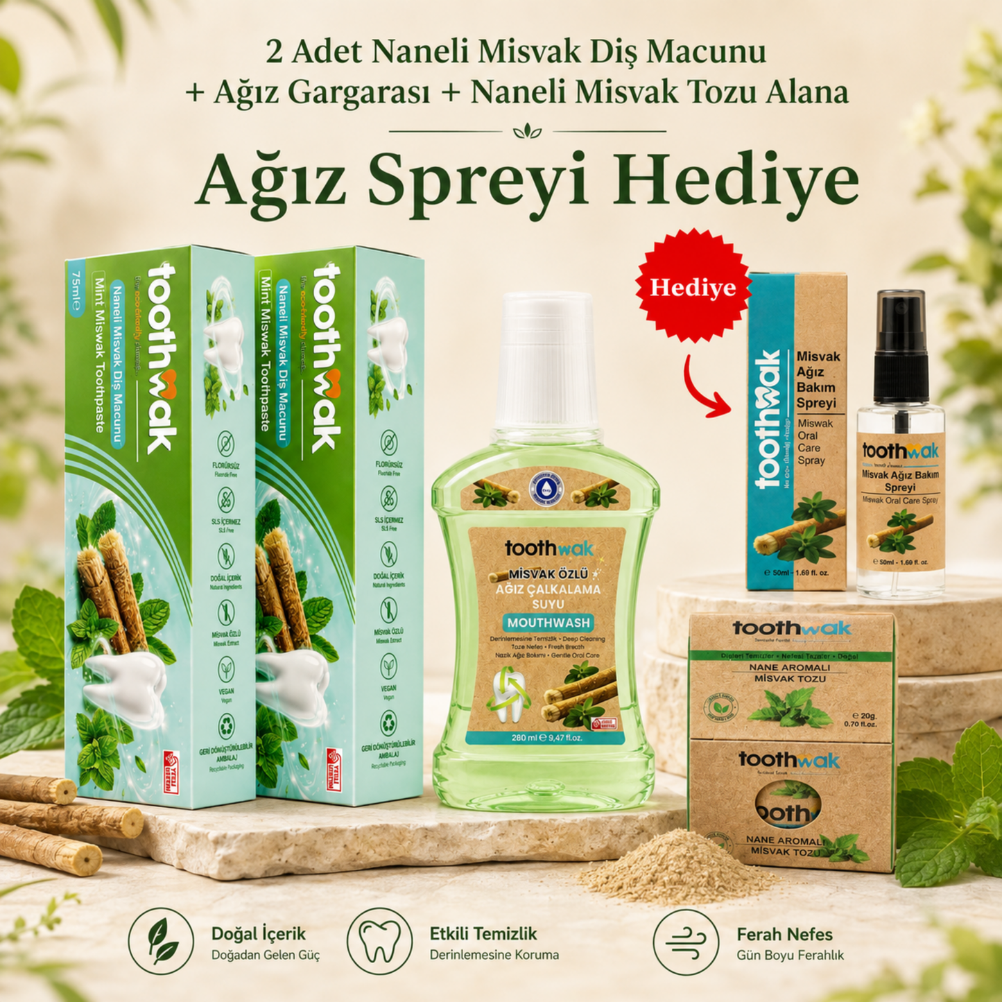 2x Naneli Misvak Diş Macunu +Ağız Gargarası (Ağız Spreyi Hediye)