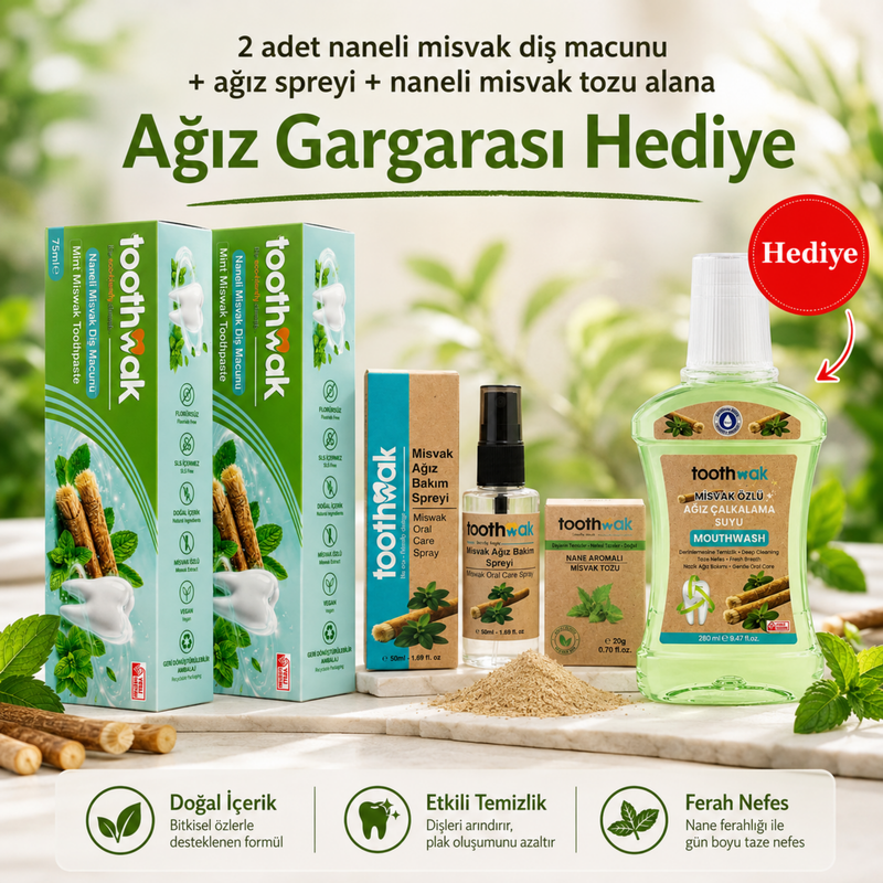 2x Naneli Misvak Diş Macunu +Ağız Spreyi (Ağız Gargarası Hediye)