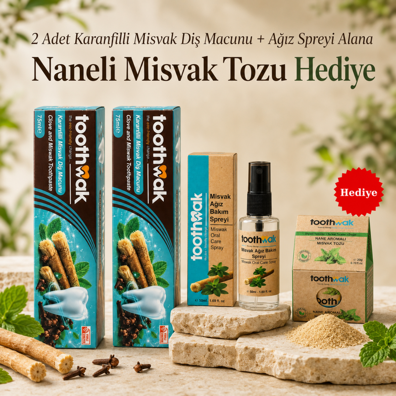 2x Karanfilli Misvak Diş Macunu +Ağız Spreyi (Naneli Misvak Tozu Hediye)