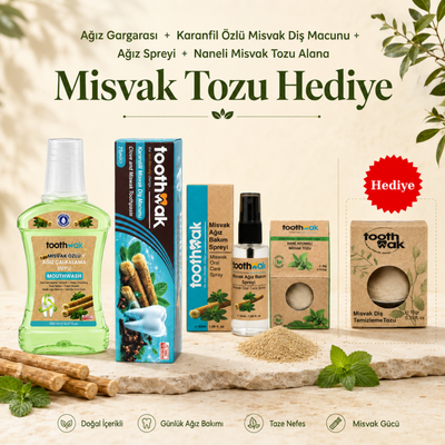 Misvak Ağız Gargarası +Karanfilli Misvak Diş Macunu +Ağız Spreyi +Naneli Misvak Tozu (Misvak Tozu Hediye)