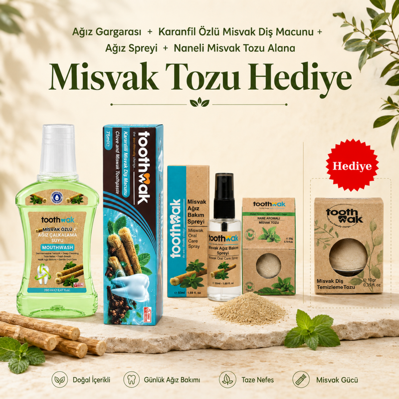 Misvak Ağız Gargarası +Karanfilli Misvak Diş Macunu +Ağız Spreyi +Naneli Misvak Tozu (Misvak Tozu Hediye)