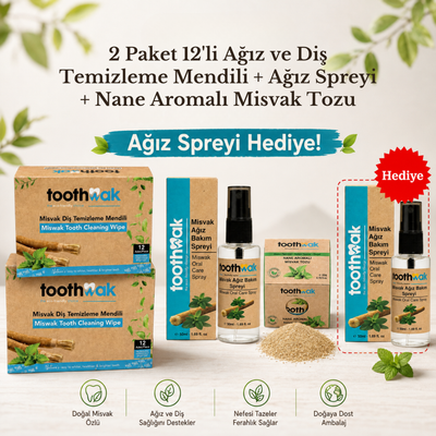 2x 12'li Diş Mendili +Ağız Spreyi +Naneli Misvak Tozu (Ağız Spreyi Hediye)