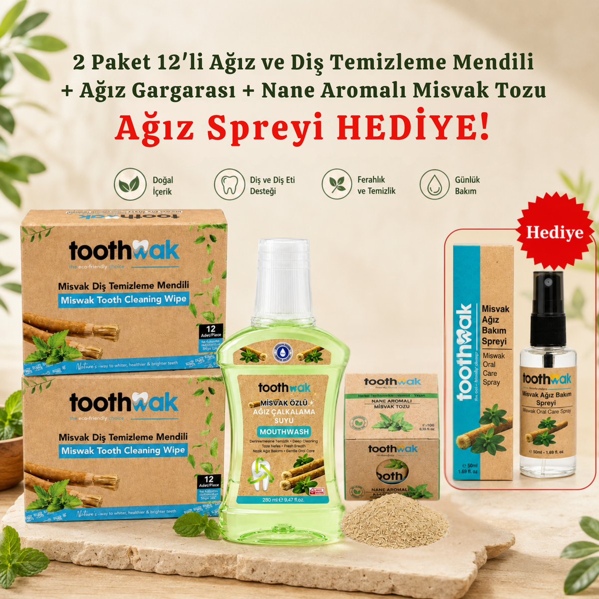 2x 12'li Diş Mendili +Ağız Gargarası +Naneli Misvak Tozu (Ağız Spreyi Hediye)