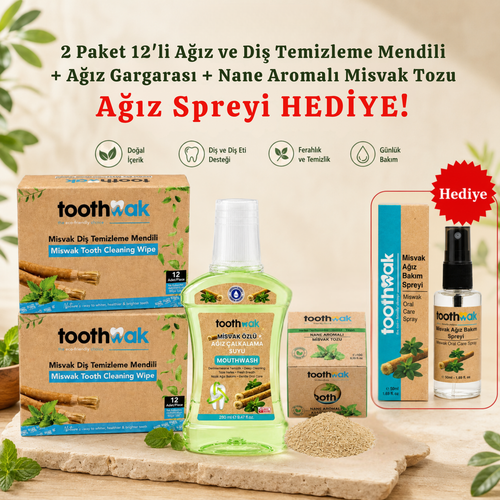 2x 12'li Diş Mendili +Ağız Gargarası +Naneli Misvak Tozu (Ağız Spreyi Hediye)