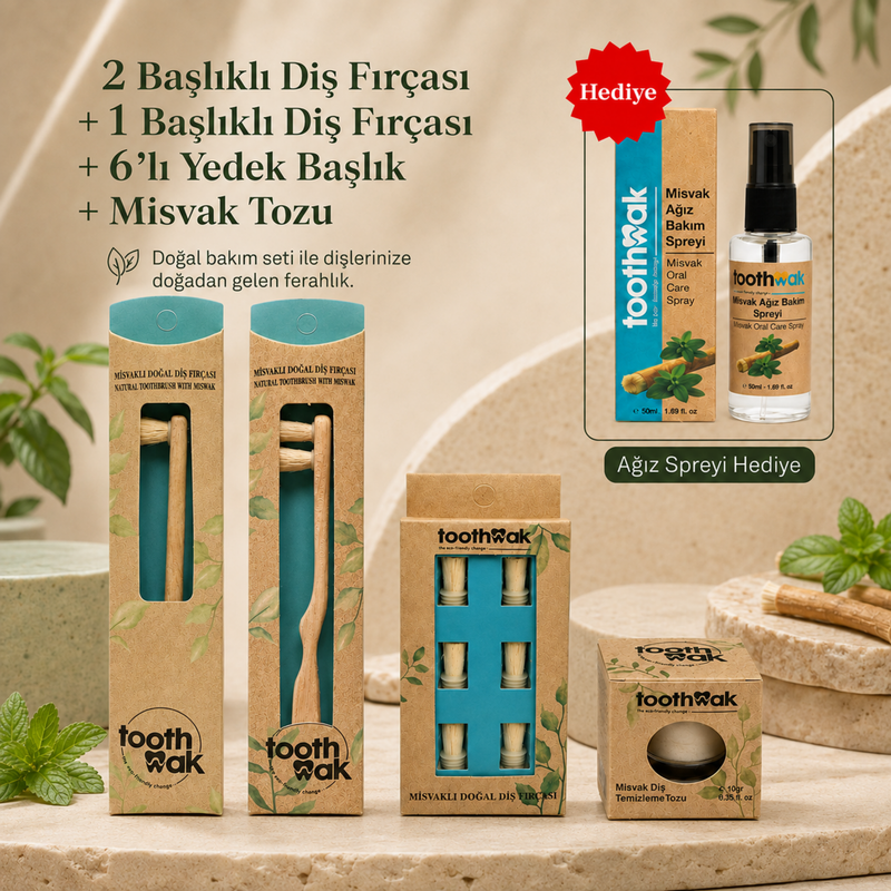 Tek ve Çift Başlıklı Diş Fırçası +6'lı Yedek Başlık +Misvak Tozu (Ağız Spreyi Hediye)