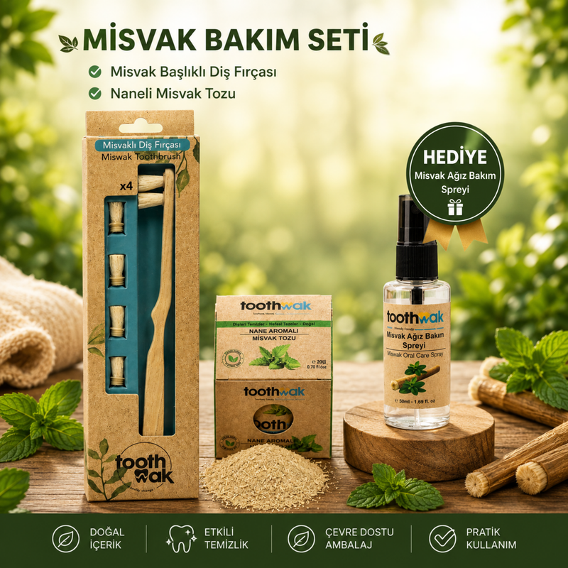 2 Başlıklı Diş fırçası + Naneli Misvak Tozu (Ağız Spreyi Hediye)