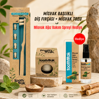 2 Başlıklı Diş fırçası +Misvak Tozu (Ağız Spreyi Hediye)