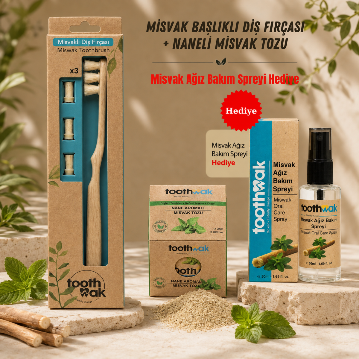 3 Başlıklı Diş fırçası + Naneli Misvak Tozu (Ağız Spreyi Hediye)