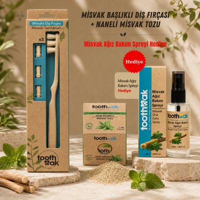 3 Başlıklı Diş fırçası + Naneli Misvak Tozu (Ağız Spreyi Hediye)